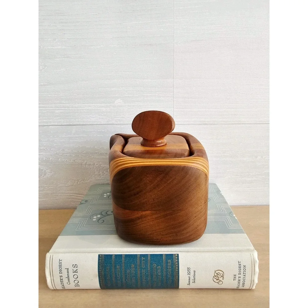Vintage 3-Piece Bandsaw Handmade Multi-Wood Jewelry Trinket Box With Screw